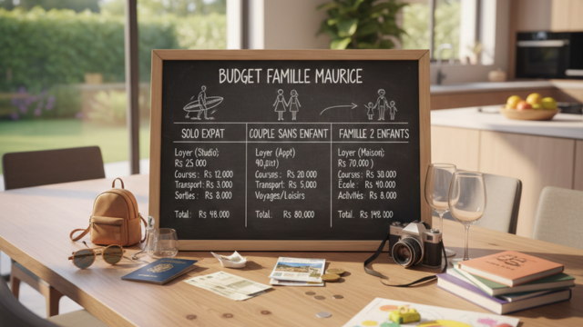 Tableau de budget à Maurice : 3 personas (solo, couple, 2 enfants) et postes détaillés