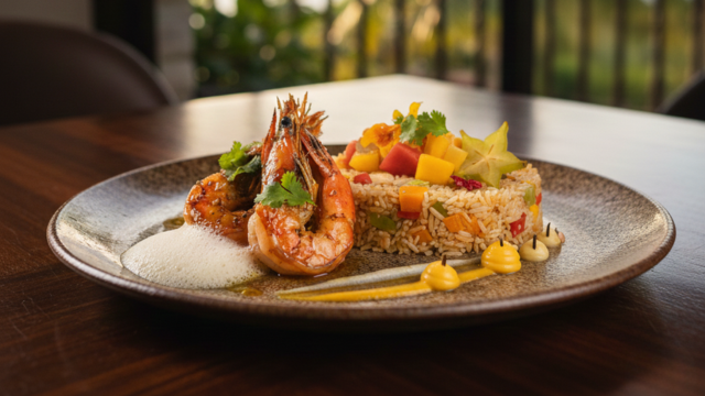 Plat de cuisine fusion, recette mauricienne revisitée aux épices de l’île Maurice